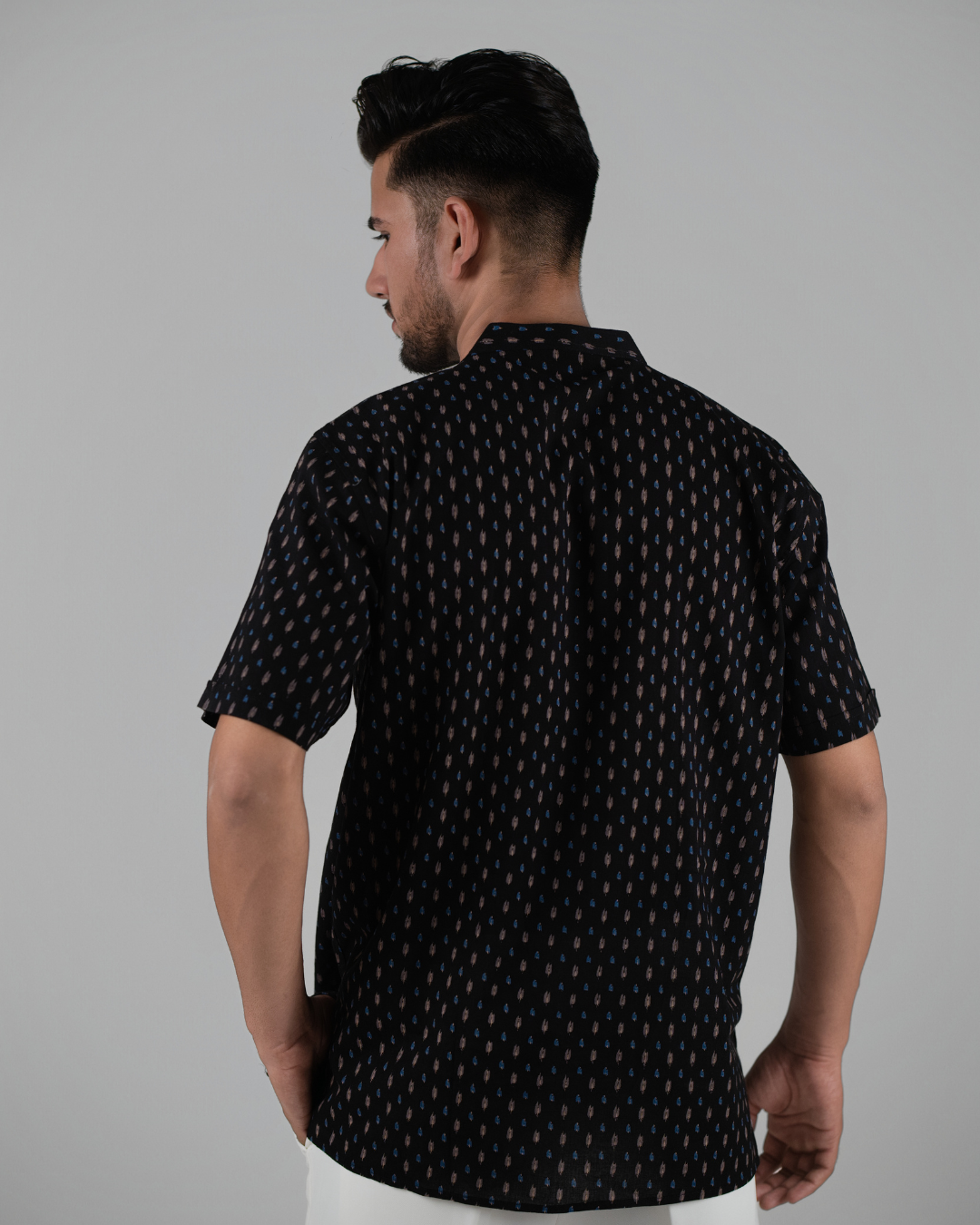 Deep Black Geometric Printed Bushirt for Men